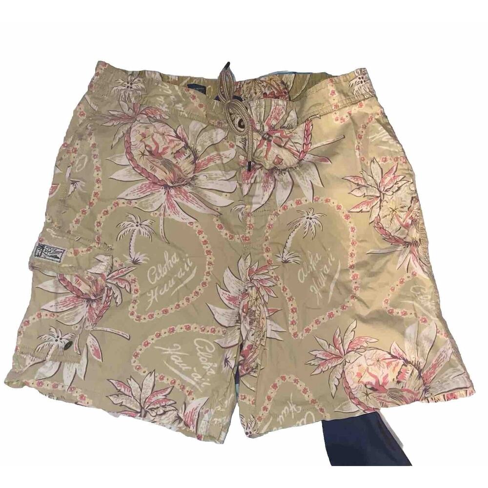 Polo Ralph Lauren Swim Shorts Aloha Hawaii‎ Small Tan Pink Floral Lined Trunks